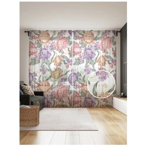 Тюль для кухни и спальни JoyArty "Цветущие розы", 2 полотна со шторной лентой шириной по 145 см, высота 265 см.