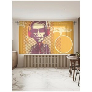 Тюль для кухни и спальни JoyArty "Крутой меломан", 2 полотна со шторной лентой шириной по 145 см, высота 180 см.