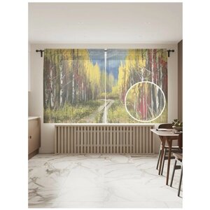 Тюль для кухни и спальни JoyArty "Лесной маршрут", 2 полотна со шторной лентой шириной по 145 см, высота 180 см.