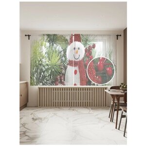 Тюль для кухни и спальни JoyArty "Лесной снеговик", 2 полотна со шторной лентой шириной по 145 см, высота 180 см.