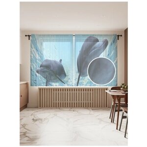 Тюль для кухни и спальни JoyArty "Любопытство дельфинов", 2 полотна со шторной лентой шириной по 145 см, высота 180 см.
