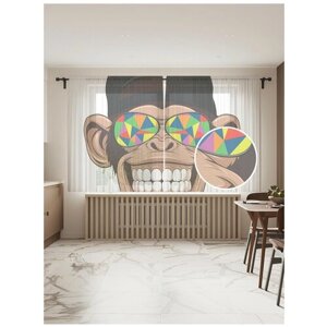 Тюль для кухни и спальни JoyArty "Обезьяна в бейсболке", 2 полотна со шторной лентой шириной по 145 см, высота 180 см. Черный, зеленый, красный