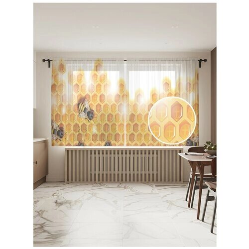 Тюль для кухни и спальни JoyArty "Пчелы на сотах", 2 полотна со шторной лентой шириной по 145 см, высота 180 см.