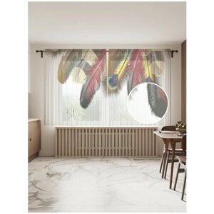Тюль для кухни и спальни JoyArty "Перьевые ветки", 2 полотна со шторной лентой, 145x180 см.