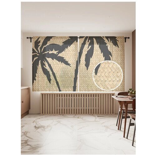 Тюль для кухни и спальни JoyArty "Рисунок пальм", 2 полотна со шторной лентой шириной по 145 см, высота 180 см.