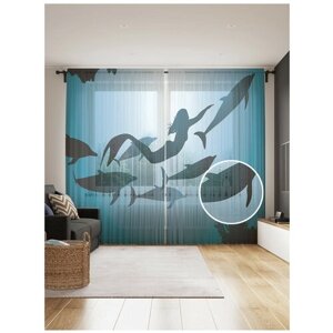 Тюль для кухни и спальни JoyArty "Русалка с дельфинами", 2 полотна со шторной лентой шириной по 145 см, высота 265 см.