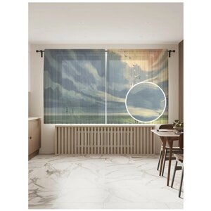 Тюль для кухни и спальни JoyArty "С магическим зонтом", 2 полотна со шторной лентой шириной по 145 см, высота 180 см.