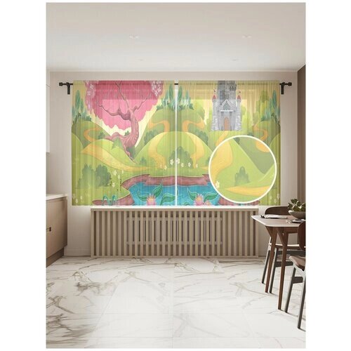 Тюль для кухни и спальни JoyArty "Сказочное царство", 2 полотна со шторной лентой шириной по 145 см, высота 180 см.