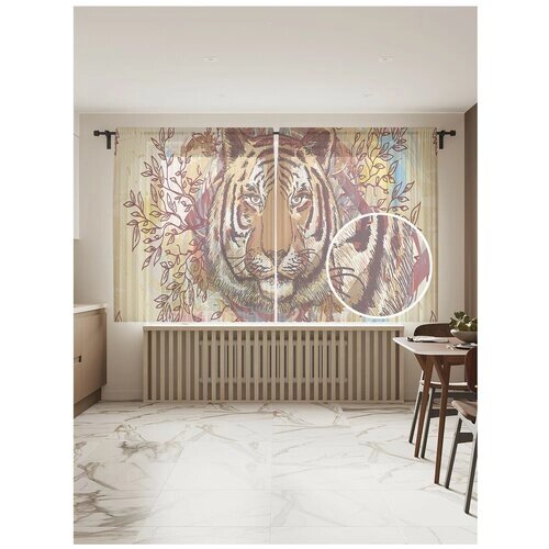 Тюль для кухни и спальни JoyArty "Тигровый знак", 2 полотна со шторной лентой шириной по 145 см, высота 180 см.