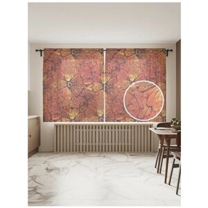 Тюль для кухни и спальни JoyArty "Тлеющие цветы", 2 полотна со шторной лентой шириной по 145 см, высота 180 см.