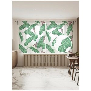 Тюль для кухни и спальни JoyArty "Тропический листопад", 2 полотна со шторной лентой шириной по 145 см, высота 180 см.