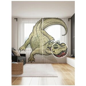 Тюль для кухни и спальни JoyArty "Злой крокодил", 2 полотна со шторной лентой шириной по 145 см, высота 265 см.