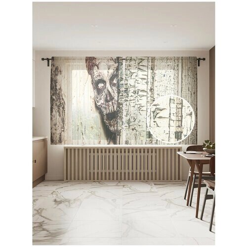Тюль для кухни и спальни JoyArty "Зомби за дверью", 2 полотна со шторной лентой шириной по 145 см, высота 180 см.