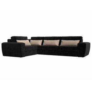 Угловой диван Лига-008 Long левый, Велюр черный, подушки черные и бежевые
