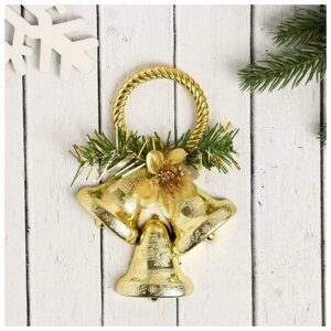 Украшение новогоднее "Три колокольчика с цветком на кольце" 10х14,5 см, золото