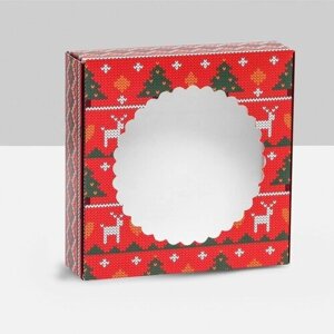 UPAK LAND Подарочная коробка сборная с окном "Новогодний орнамент", 11,5 х 11,5 х 3 см