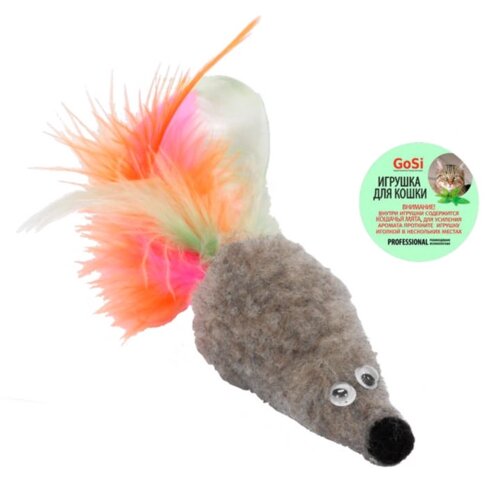 GoSi игрушка Мышь с мятой и хвостом перо пышное для кошек (Серый)