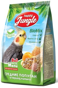 Happy Jungle Корм для средних попугаев при линьке (Злаковое ассорти, 500 г.)