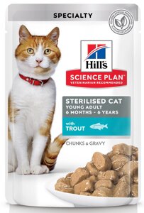 Hill's Science Plan Sterilised Cat пауч для молодых кошек от 6 месяцев до 6 лет (кусочки в соусе) (Форель, 85 г.)