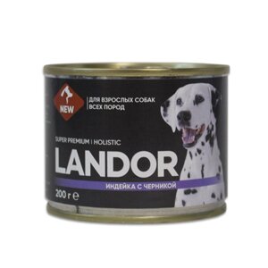 Landor полнорационный консервированный влажный корм для собак всех пород (Индейка с черникой, 200 г.)