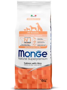 Monge Dog Monoprotein Puppy & Junior корм для щенков всех пород (Лосось и рис, 12 кг.)