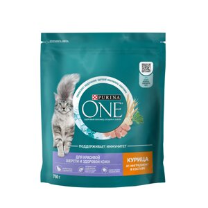 Purina One корм для взрослых кошек для красивой шерсти, здоровой кожи и контроля комков шерсти (Курица, 750 г.)