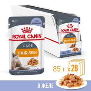 Royal Canin Hair & Skin Care пауч для поддержания здоровья кожи и шерсти кошек (кусочки в желе) (Мясо, 85 г. упаковка 28 шт)