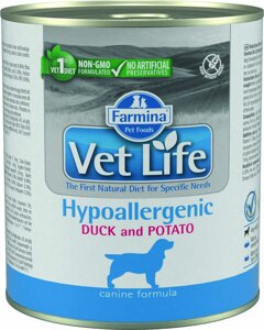 Vet Life Dog Hypoallergenic консервы для собак при пищевой аллергии и/или непереносимости (Утка и картофель, 300 г.)