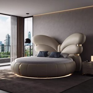 Дизайнерская круглая кровать в итальянском стиле, кожа НАППА