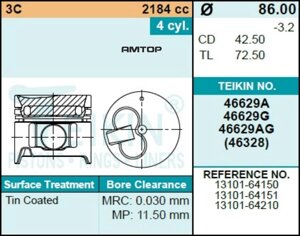 Поршень без колец toyota 3C D86.0+050 (13101-64150