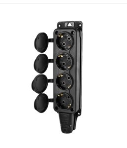 Розетка (колодка) 4-х местная с крышками каучук 2P+PE 230V 16A IP54 (8/48) черная DY-01-01-009 DYNEL