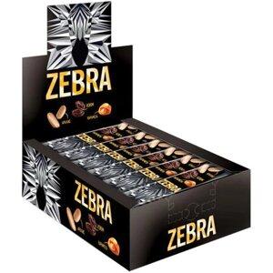 Батончик вафельный глазированный ZEBRA с изюмом и арахисом в мягкой карамели, 40 г, в шоу-боксе