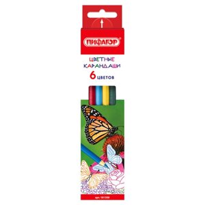Карандаши цветные ПИФАГОР БАБОЧКИ, 6 цветов, классические, заточенные, 181350