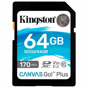 Карта памяти SDXC 64GB kingston canvas go plus, UHS-I U3, 170 мб/с (class 10), SDG3/64GB