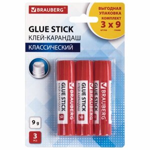 Клей-карандаш 9 г выгодная упаковка brauberg, 3 штуки на блистере, 271305