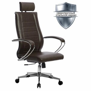 Кресло офисное МЕТТА К-32 хром, экокожа, подголовник, сиденье и спинка мягкие, темно-коричневое