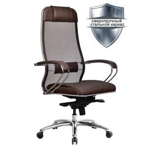 Кресло офисное МЕТТА SAMURAI SL-1.04, сверхпрочная ткань-сетка/экокожа, темно-коричневое