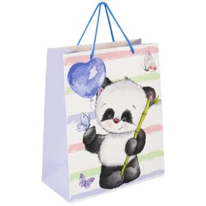 Пакет подарочный (1 штука) 26x13x32 см, ЗОЛОТАЯ СКАЗКА Lovely Panda, глиттер, белый с голубым, 608241