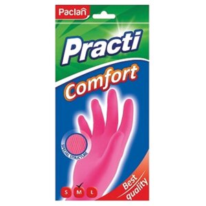 Перчатки хозяйственные латексные, хлопчатобумажное напыление, размер M (средний), розовые, PACLAN Practi Comfort