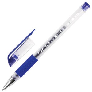Ручка гелевая с грипом STAFF EVERYDAY GP-191, СИНЯЯ, корпус прозрачный, узел 0,5 мм, линия письма 0,35 мм, 141822