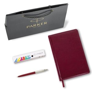 Ручка шариковая PARKER Jotter Plastic CT, корпус красный, ежедневник А5 красный, пакет, 880897