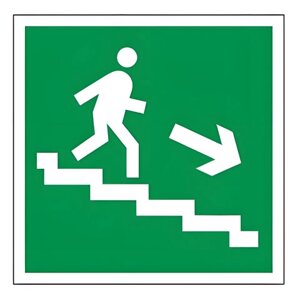 Знак эвакуационный Направление к эвакуационному выходу по лестнице НАПРАВО вниз, 200х200 мм, пленка самоклеящаяся,