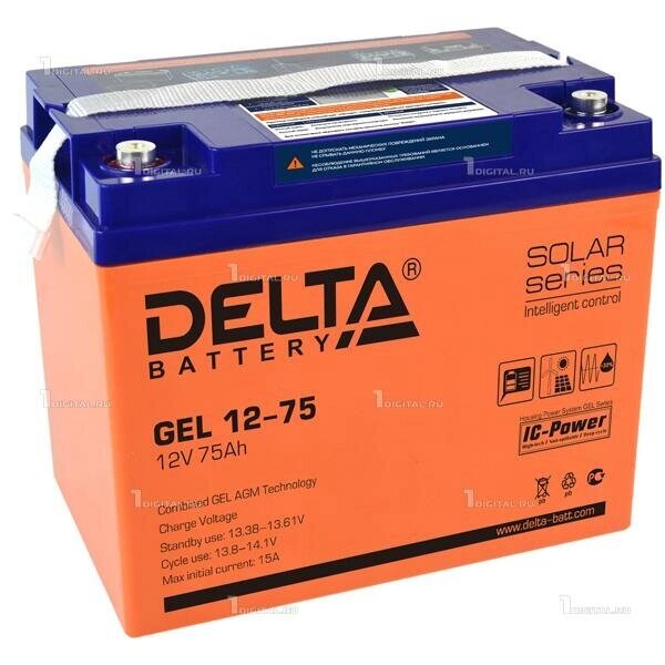 Аккумулятор DELTA гелевый GEL 12-75 (12В, 75Ач / 12V, 75Ah / Вывод под болт M6) от компании MetSnab - фото 1