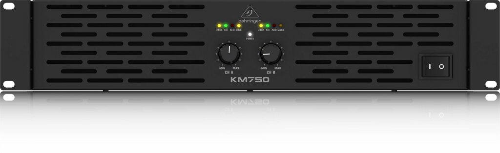 Behringer KM750 усилитель 2-канальный. Мощность (на канал): 400Вт4Ом, 200Вт8Ом, мост 750Вт4Ом, XLR/Jack/RCA, клеммный от компании MetSnab - фото 1