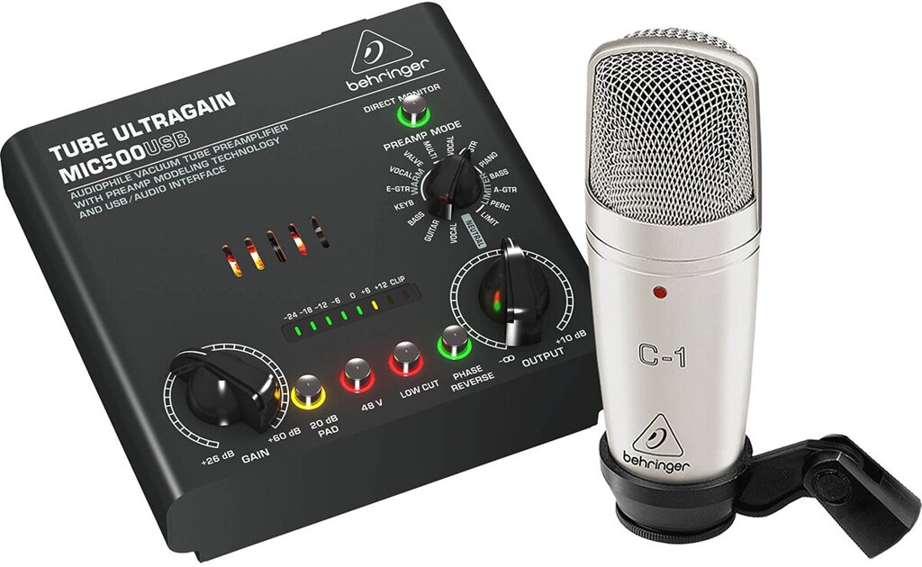 Behringer VOICE STUDIO набор для звукозаписи: MIC500USB ламповый предусилитель, конденсаторный микрофон C-1 от компании MetSnab - фото 1