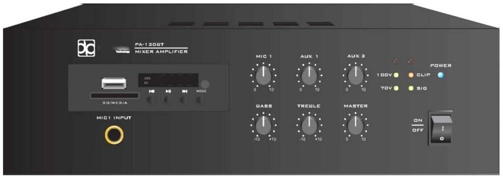 Direct Power Technology PA-120BR Микшер/усилитель, 1 канал 120 Вт (70/100 В), MP3/TUNER, Bluetooth, 1U (рэк) от компании MetSnab - фото 1