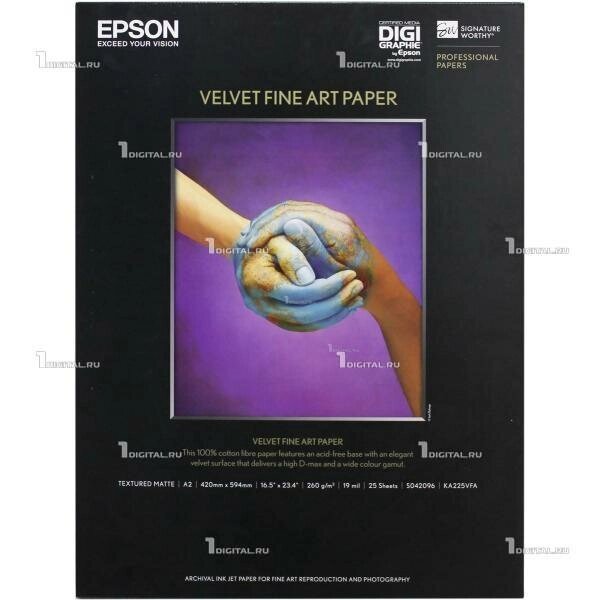 Холст для струйной печати Epson C13S042096 Velvet Fine Art Paper A2, хлопковый, ярко-белый, матовый, 260 г/м2, 25 листов от компании MetSnab - фото 1