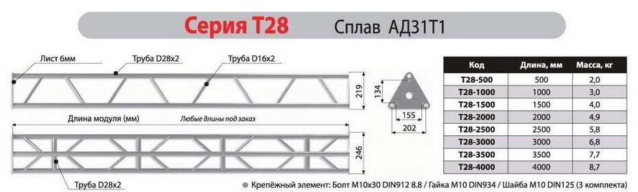 IMLIGHT T28-4000 Прямой модуль треугольной конфигурации длиной 4000мм, d28х2 \ d16х2мм. Крепежный размер 155мм, М10. от компании MetSnab - фото 1