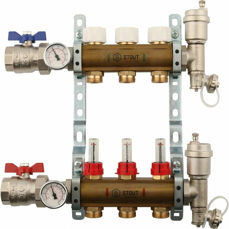 Коллектор из латуни на 3 вых. с расходомерами STOUT от компании MetSnab - фото 1