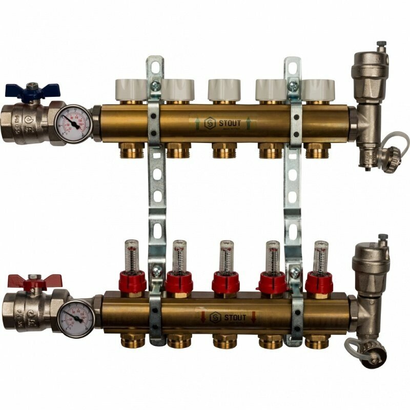 Коллектор из латуни на 5 вых. с расходомерами STOUT от компании MetSnab - фото 1